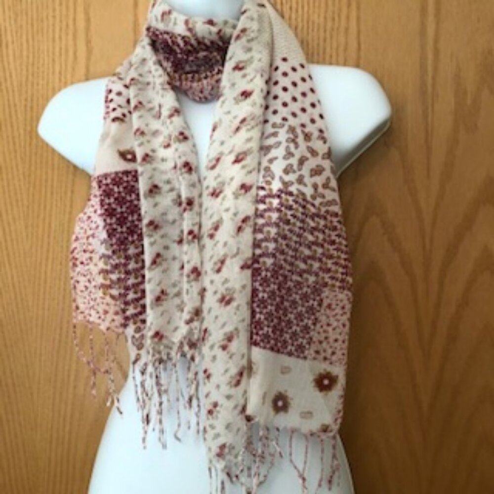3/$15 Vintage 90s Bohemian Boho Pink Patchwork Floral Print Scarf Wrap Fringed